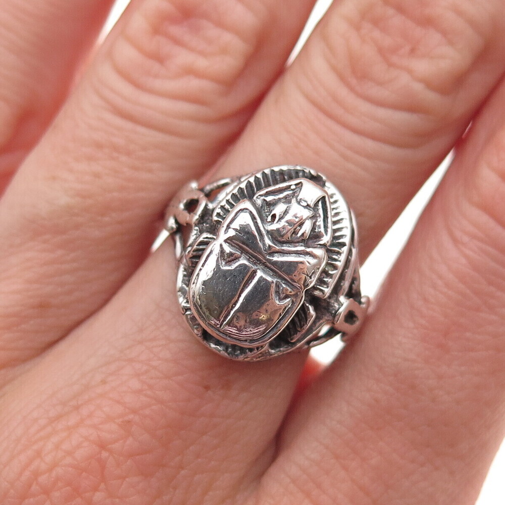 925 Sterling Silver Vintage Egyptian Scarab Oxidized Ring Size 6.75